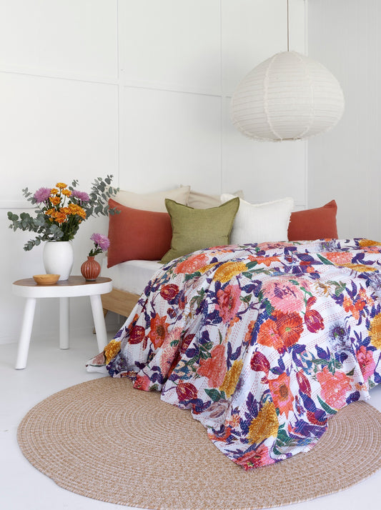 Stunning Floral Bloom Home Kantha Stitch Cotton Bedcover