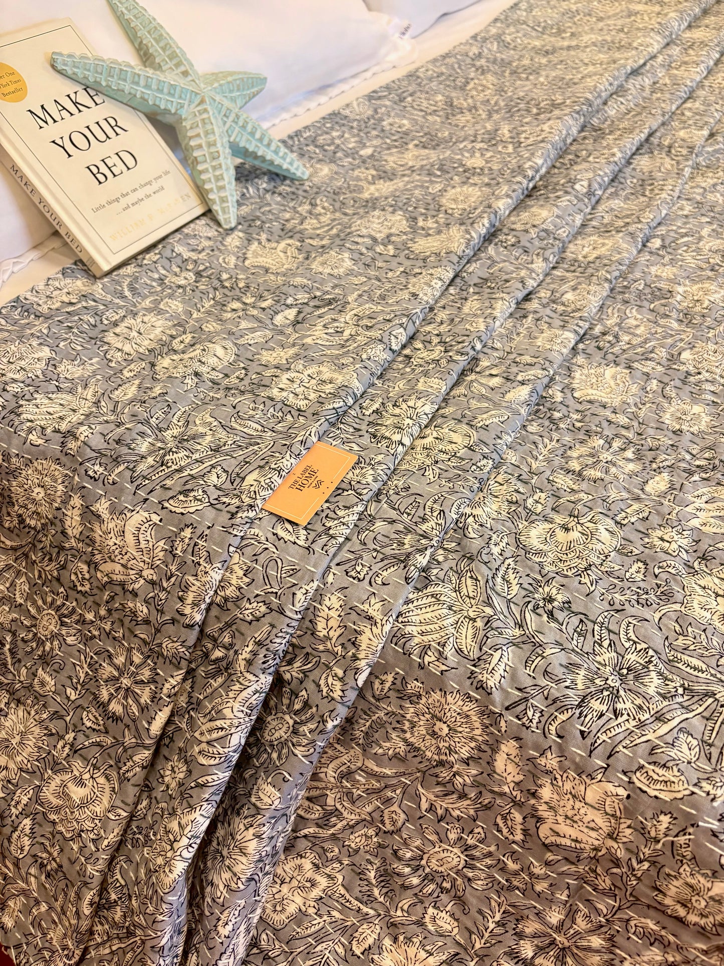 Tusker Grey Kantha Bedcover