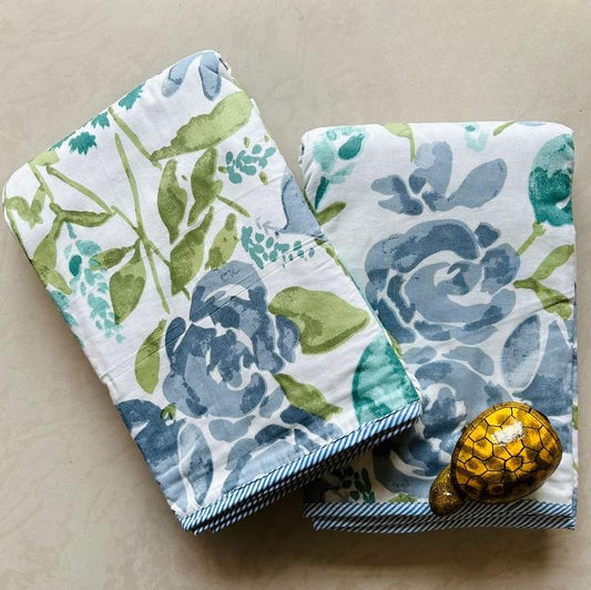 Teal Green Floral Spring Bloom - MulMul Summer Dohar (Set of 2 Single Cotton Muslin Dohar)-The Label Home