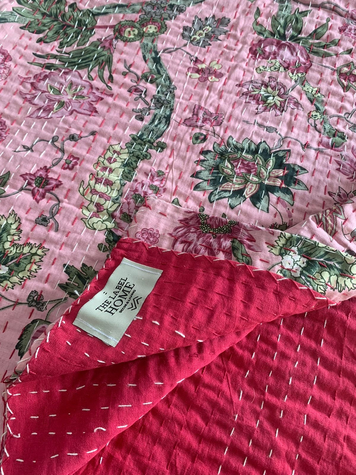 Soft Pink Kantha Stitch Cotton Bedcover