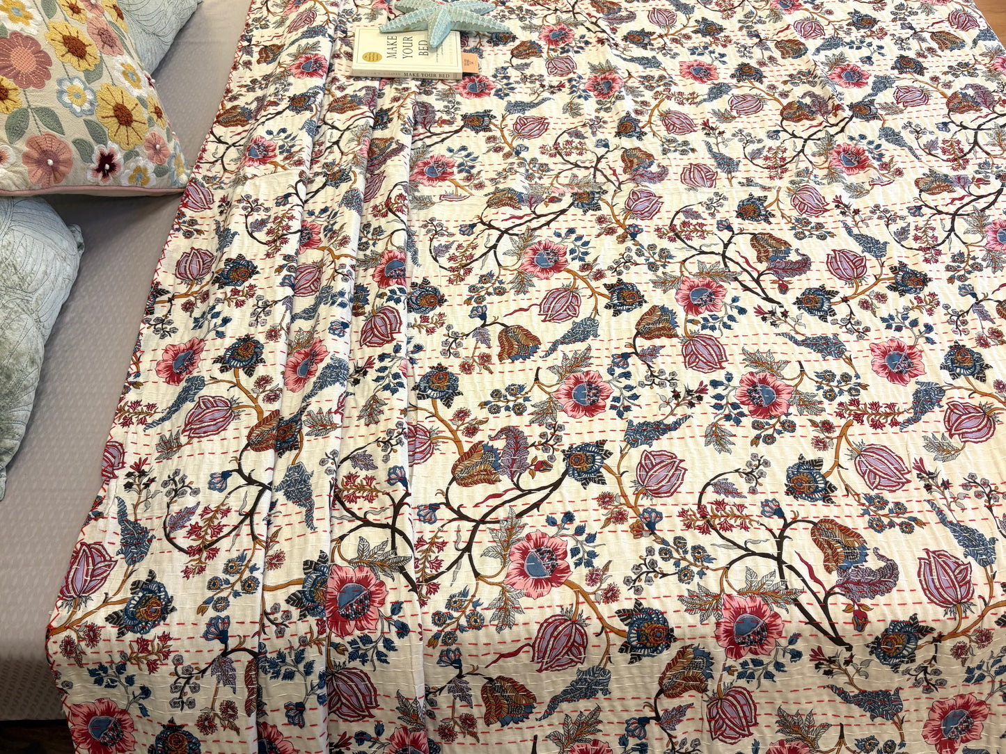White Floral Braid Kantha Bedcover