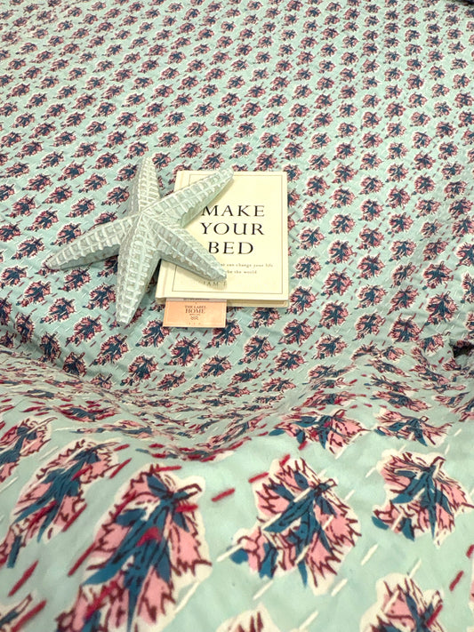 Mint Aqua Motif Kantha Bedcover