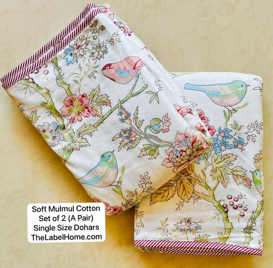 Birds of Paradise  - MulMul Summer Dohar (Set of 2 Single Cotton Muslin Dohar)