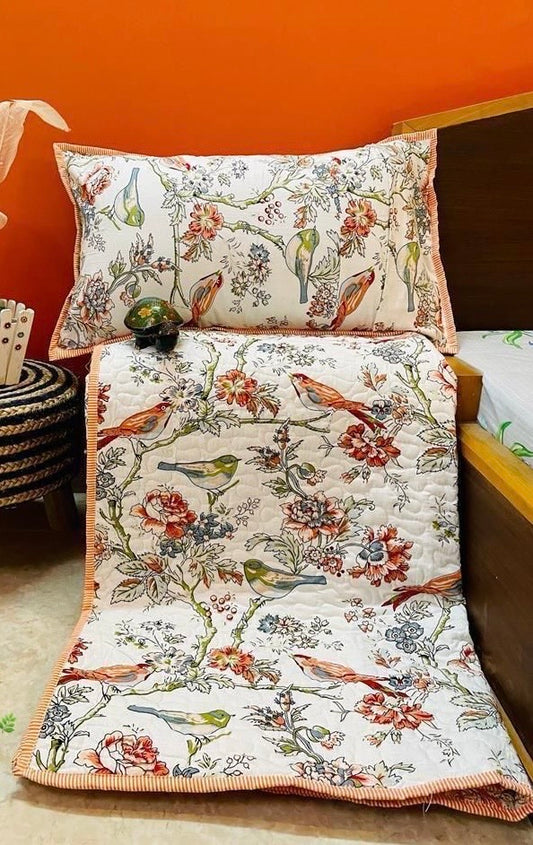 Sunrise Birds Spring Premium Quilted Mulmul Voile Bedcover Comforter (Reversible) Size 90x108 inch and 108x108 inches