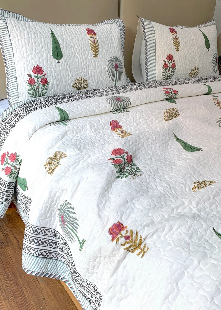 Plum Bloom Premium Quilted Mulmul Voile Bedcover cum Comforter (Reversible) Size 90x108 inches