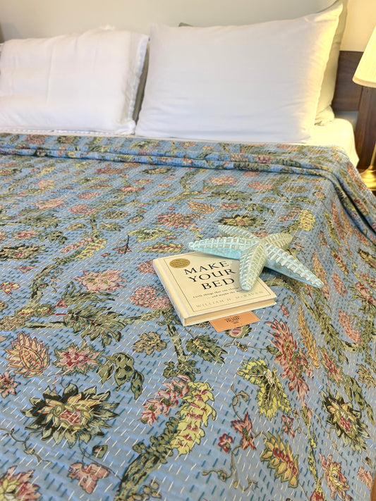 Charming Blue Floral Kantha Bedcover