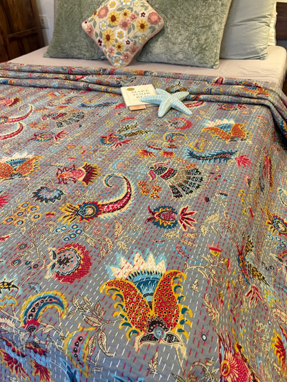 Luxury Grey Floral Kantha Bedcover