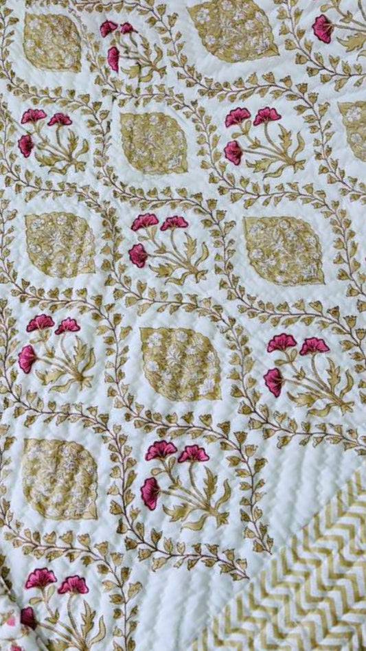 Beige Bliss Cotton Muslin Block Printed Quilt - Double Size 90x108 inches