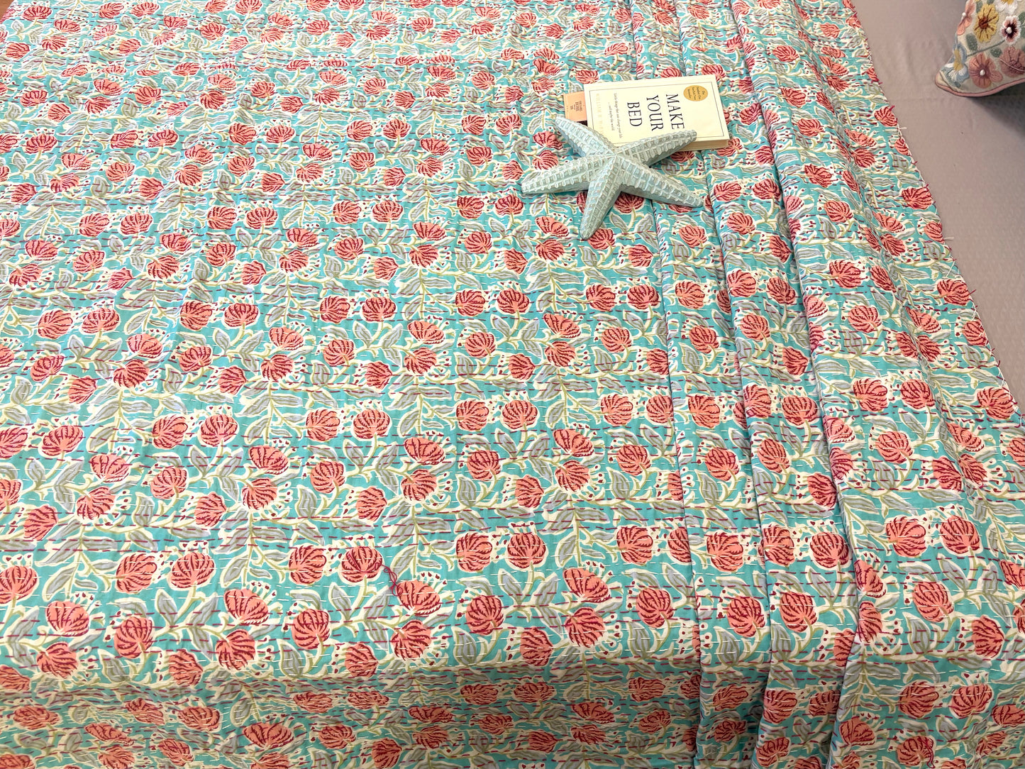 Sea Green Peach Floral Kantha Bedcover