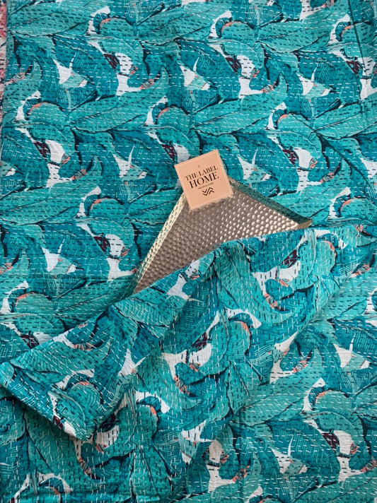 Soft Handmade Cotton Kantha Bedcover - Blue Sea Leaf Design