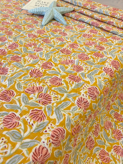 Sunlit Yellow Orange Peach Floral Kantha Bedcover