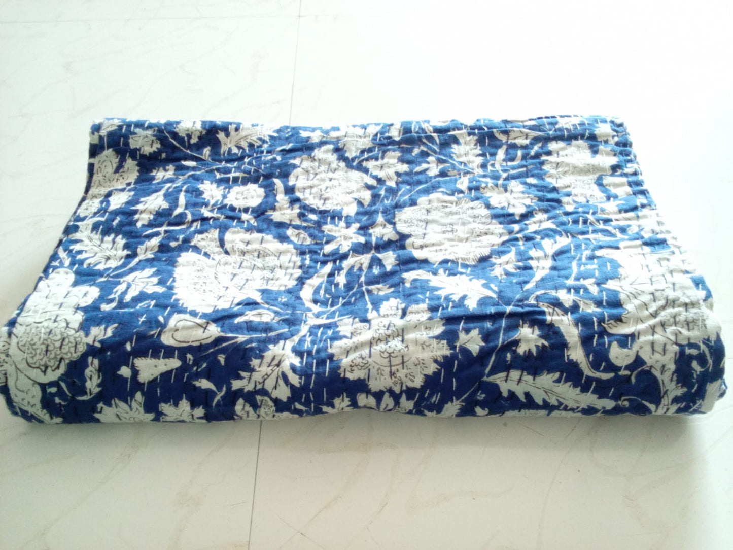 Rich Blue Floral Home Kantha Stitch Cotton Bedcover