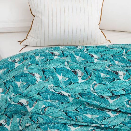 Soft Handmade Cotton Kantha Bedcover - Blue Sea Leaf Design