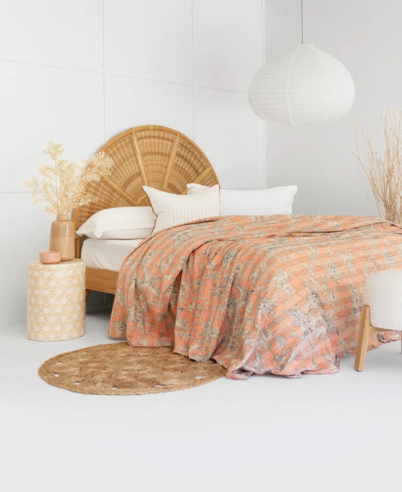 Luxury Soft Peach Kantha Stitch Cotton Bedcover