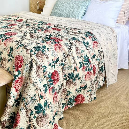 White floral Kantha cotton bedcover – Handmade, artisanal