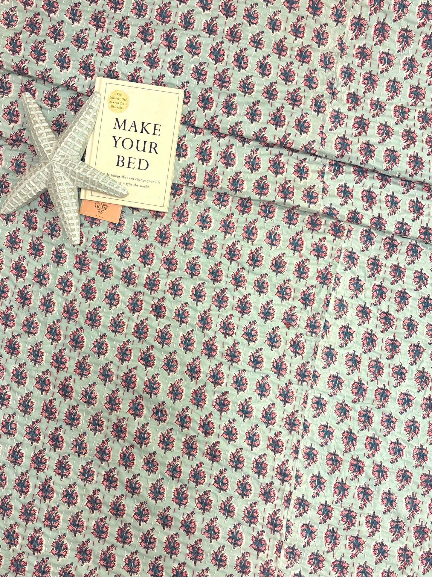 Mint Aqua Motif Kantha Bedcover