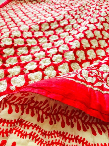 Happy Red Cotton Block Printed Quilt - Double Size 90x108 