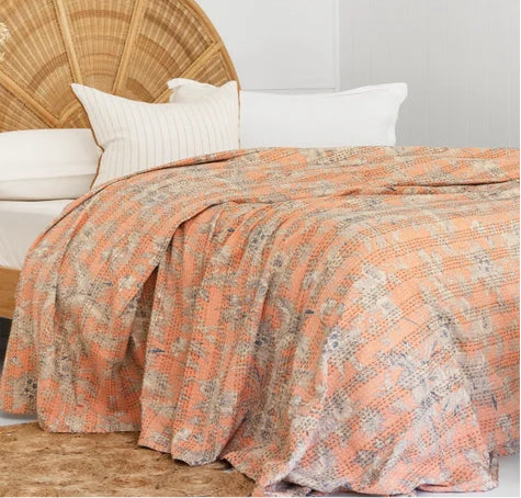 Soft Handmade Cotton Kantha Bedcover - Luxury Soft Peach