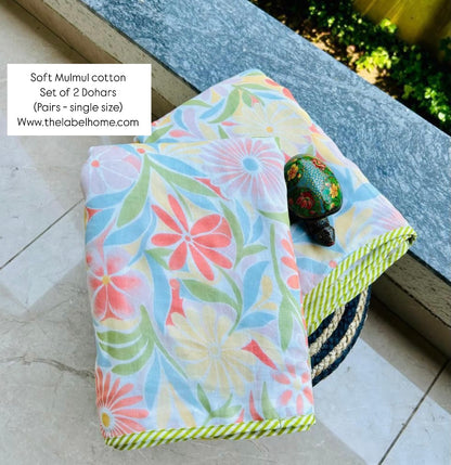 Rauza Spring Bloom - MulMul Summer Dohar (Set of 2 Single Cotton Muslin Dohar)-The Label Home