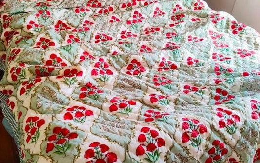 Zinny Light Cotton Muslin Block Printed Quilt Rajai - Double Size 90x108 inches-The Label Home