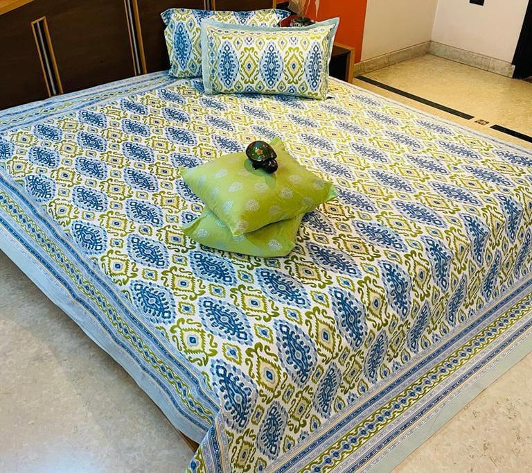 Blue Ikkat Mahal Thin Cotton Printed Bedspread Bedcover (King Size)