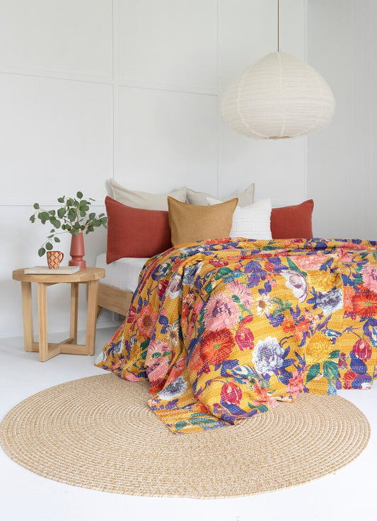 Floral Wonder Kantha Stitch Cotton Bedcover