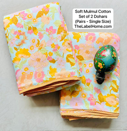 Rauza Spring Bloom - MulMul Summer Dohar (Set of 2 Single Cotton Muslin Dohar)-The Label Home