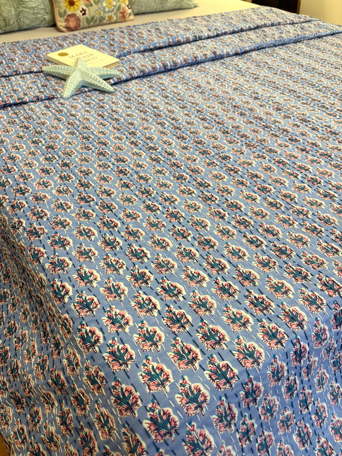 Dusky Blue Motif Kantha Bedcover