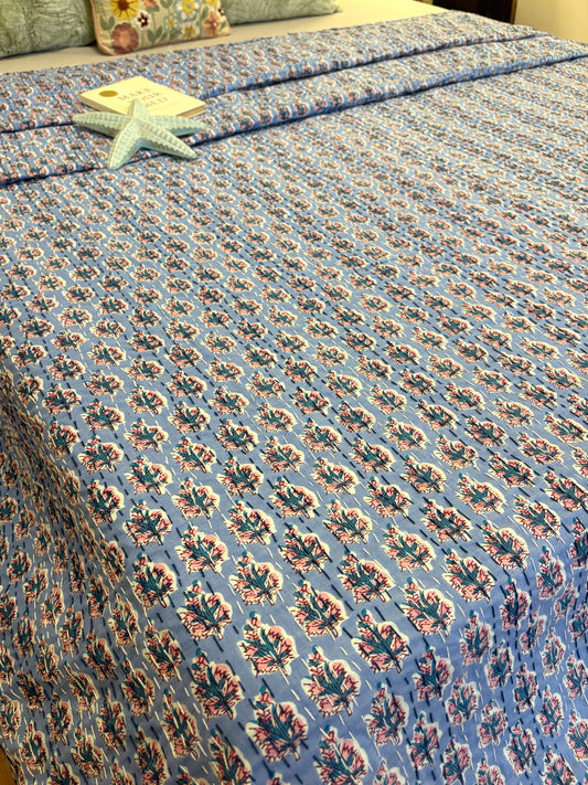 Dusky Blue Motif Kantha Bedcover