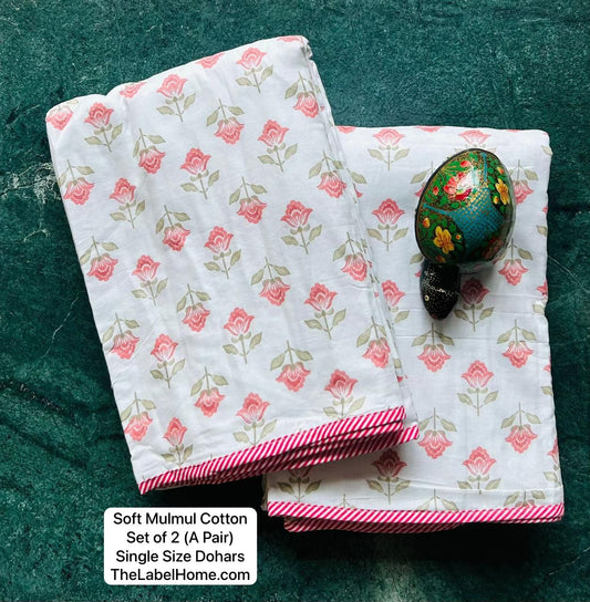 Flower Bloom - MulMul Summer Dohar (Set of 2 Single Cotton Muslin Dohar)-The Label Home