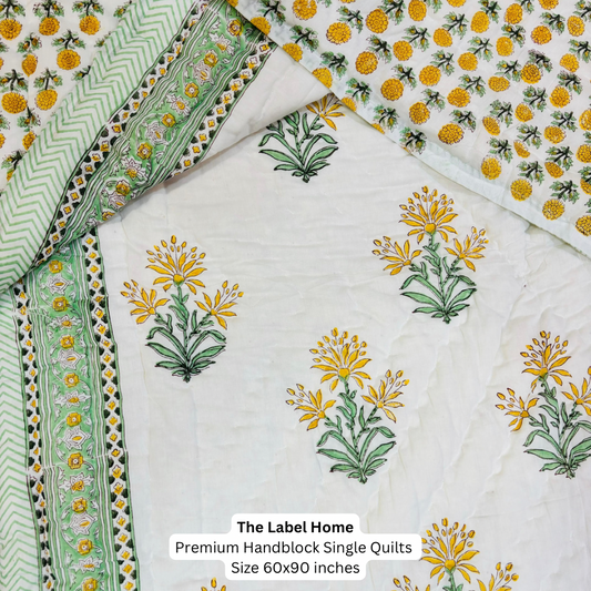 Subtle Light Cotton Muslin Block Printed Quilt - Single Size 60x90 inches