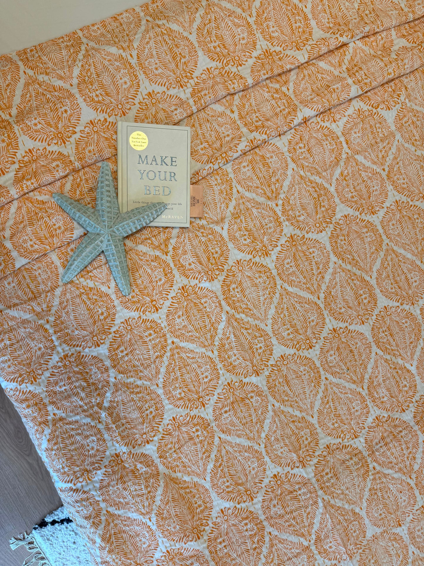 Orange White Motif Kantha Bedcover