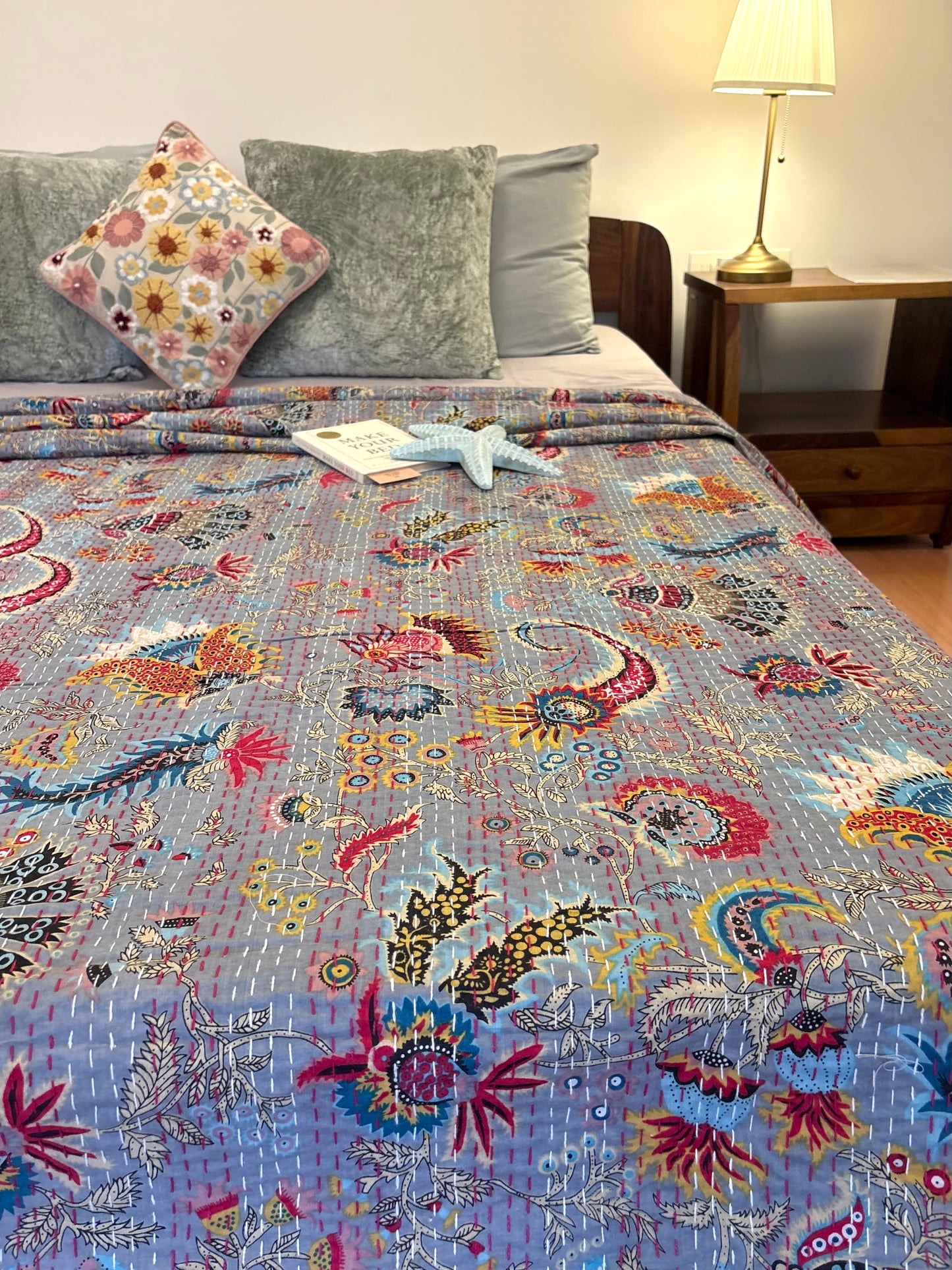 Luxury Grey Floral Kantha Bedcover