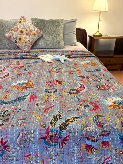 Luxury Grey Floral Kantha Bedcover