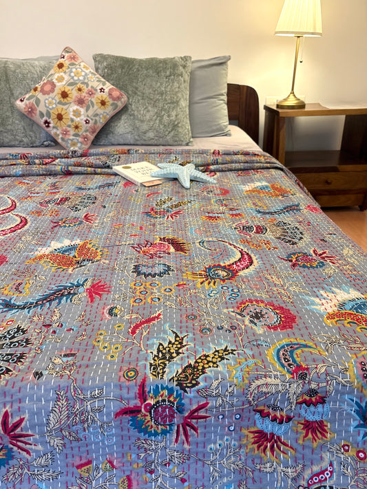 Luxury Grey Floral Kantha Bedcover