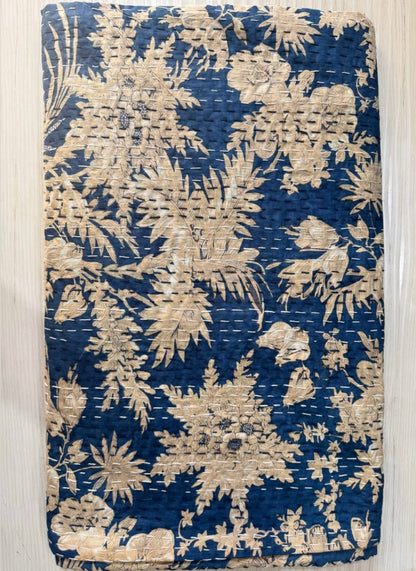 Mustard Red Grey Blue Kantha Bedcover-The Label Home