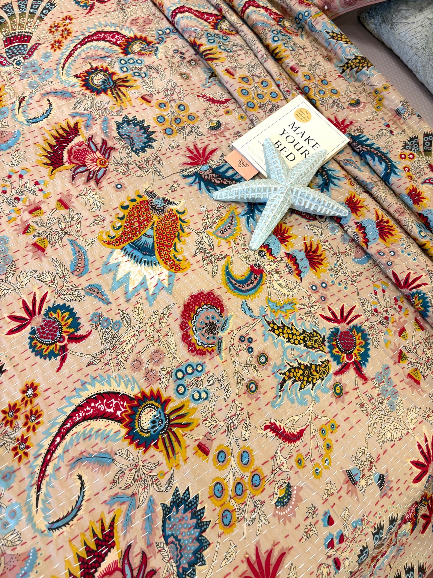 Beige Floral Crown Kantha Bedcover