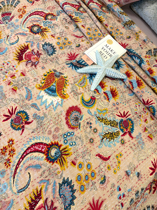 Beige Floral Crown Kantha Bedcover