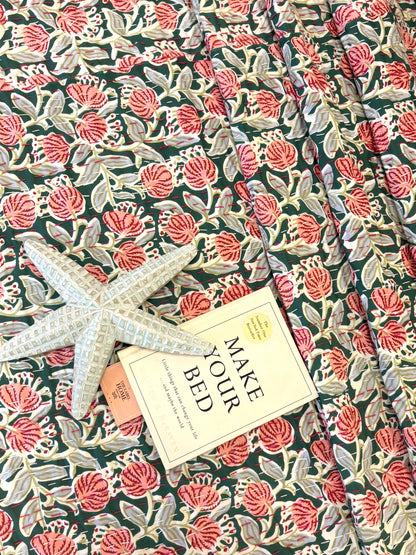 Deep Olive Green Peach Floral Kantha Bedcover