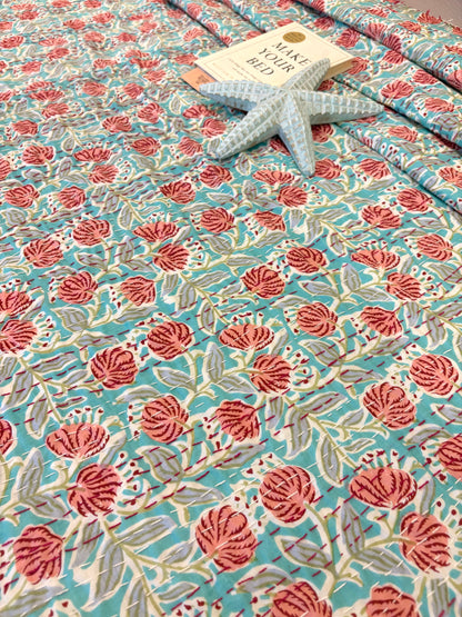 Sea Green Peach Floral Kantha Bedcover