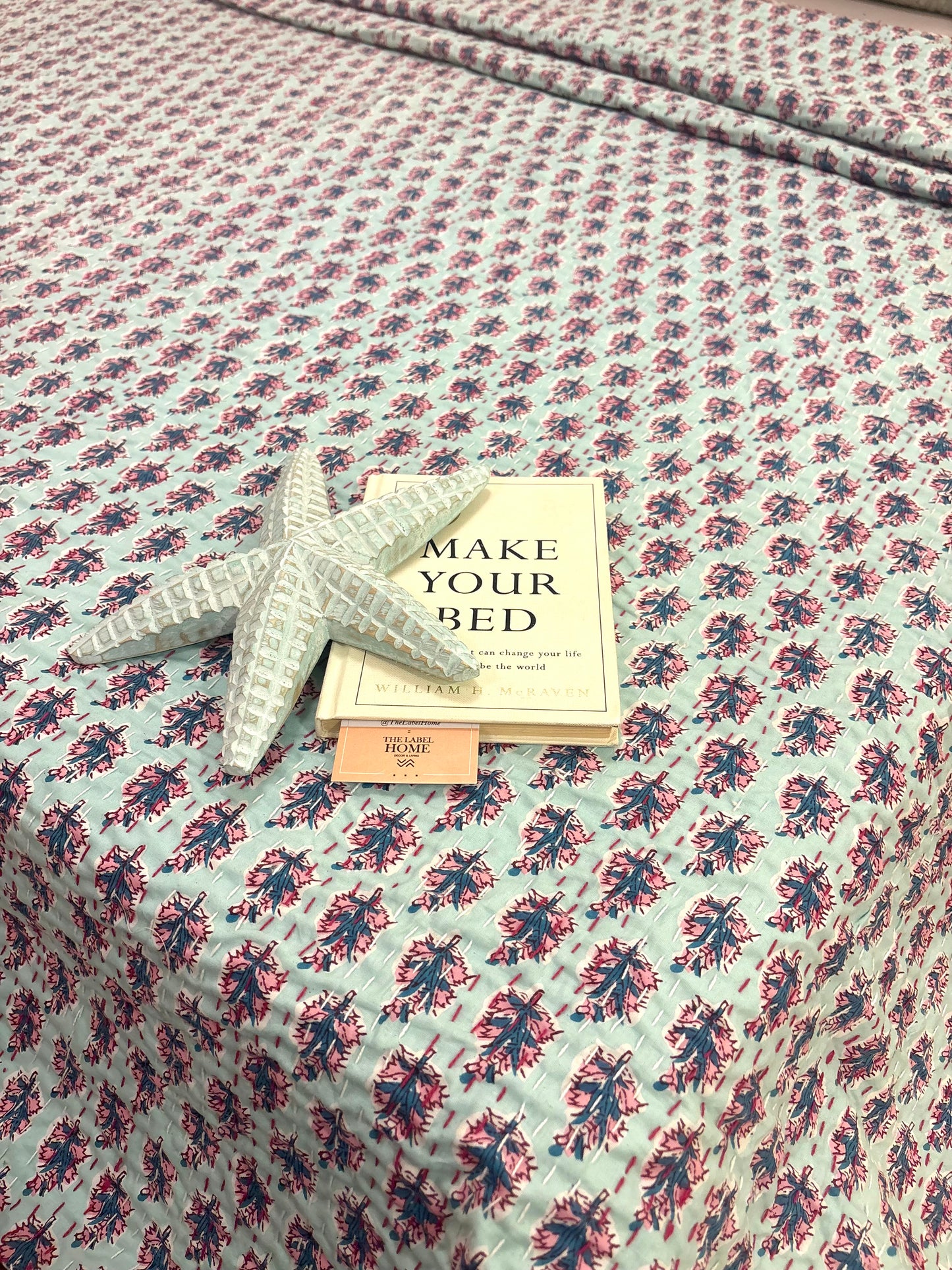 Mint Aqua Motif Kantha Bedcover