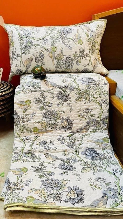 Green Birds Spring Premium Quilted Mulmul Voile Bedcover Comforter (Reversible) Size 90x108 inch and 108x108 inches