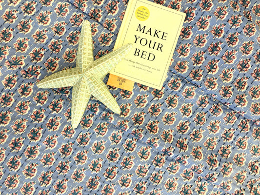 Dusky Blue Motif Kantha Bedcover