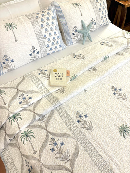 Blue Palm Whisper Quilted Bedcover