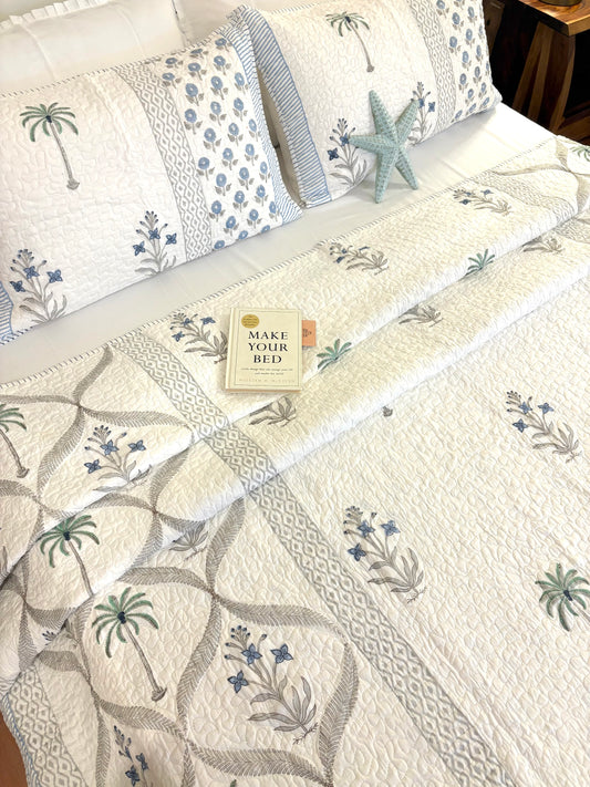 Blue Palm Whisper Quilted Bedcover
