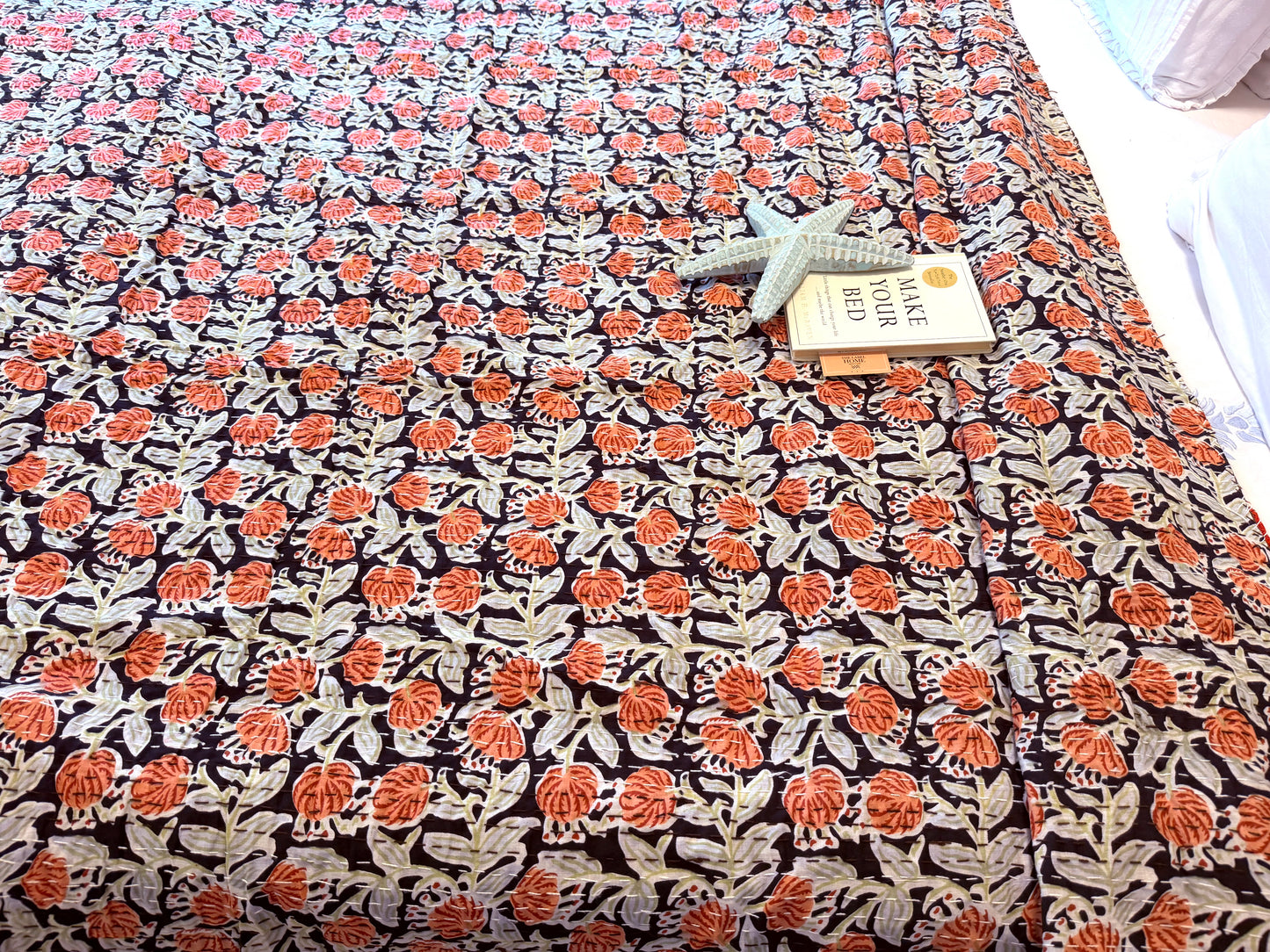 Midnight Coral Kantha Bedcover