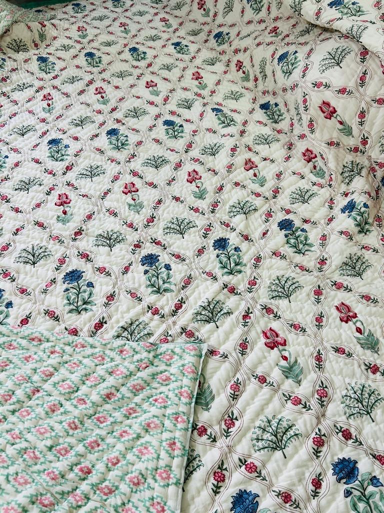 Gorgeous Bloom Light Cotton Muslin Block Printed Quilt - Double Size 90x108 inches