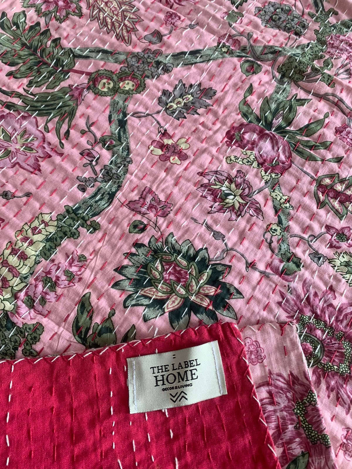 Soft Pink Kantha Stitch Cotton Bedcover