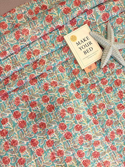 Sea Green Peach Floral Kantha Bedcover