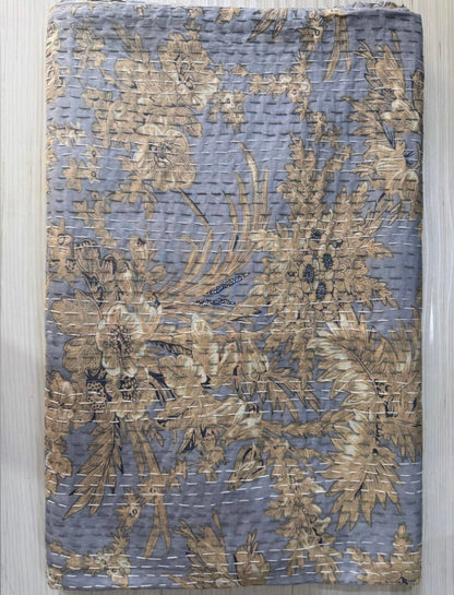 Mustard Red Grey Blue Kantha Bedcover-The Label Home
